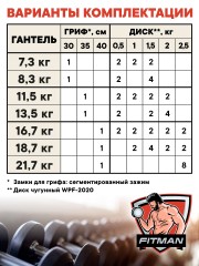 Гантель разборная чугунная FITMAN DAF-2023A 18.7 кг, гриф металлический, замок сегментированный зажим