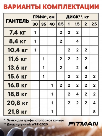 Гантель разборная чугунная FITMAN DAF-2023D 15.6 кг, гриф металлический, замок стопорное кольцо