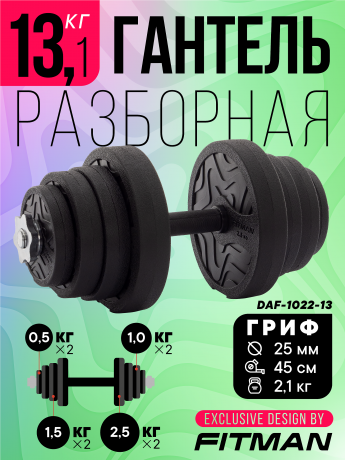 Гантель разборная FITMAN DAF-1022 13.1 кг, диски пластик, гриф металл с обрезиненной рукояткой