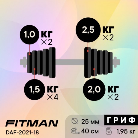 Гантель разборная чугунная FITMAN DAF-2021 18.9 кг, гриф металлический, замки гайка Вейдера
